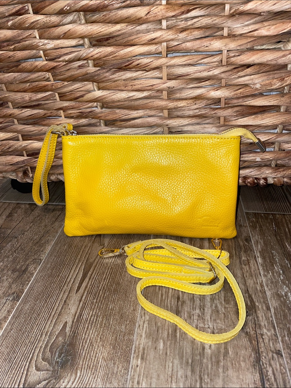 Yellow genuine Leather Wristlet Crossbody Bag - made in Italy